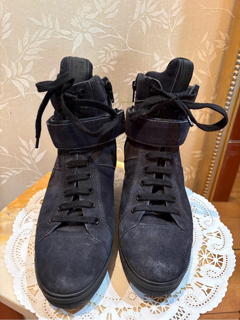 Prada Black  High-Top Lace-Up Sport Sneakers with Velcro Ankle Strap